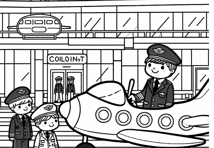 Flughafen mit Piloten - Malvorlage einfach gratis