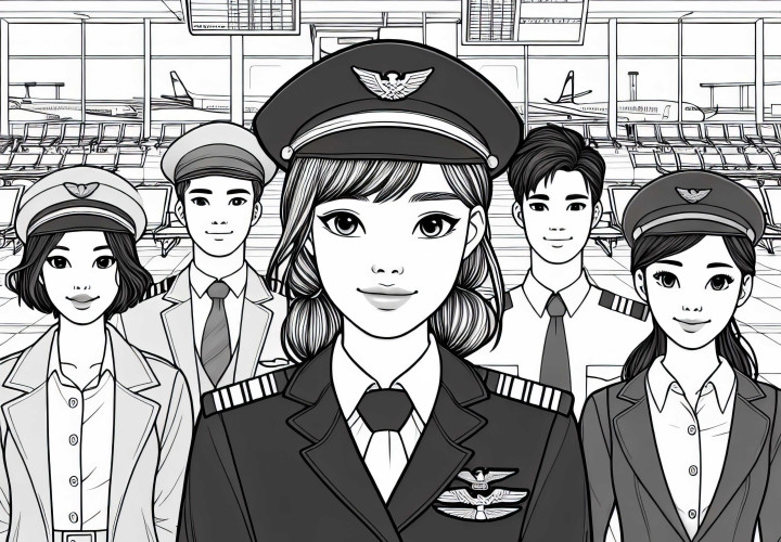 Abflugterminal mit Piloten – Ausmalbild einfach und gratis Abflugterminal mit Piloten – Ausmalbild einfach und gratis