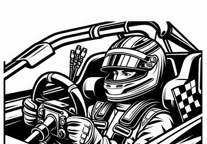 Pembalap di dalam kokpit mobil balap - Template mewarnai gratis