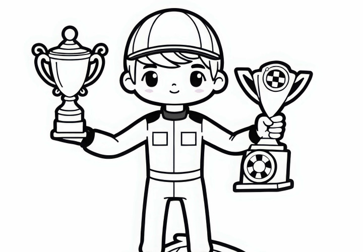 Rennfahrer bei der Siegesehrung mit Trophäen – Malvorlage kostenlos Rennfahrer bei der Siegesehrung mit Trophäen – Malvorlage kostenlos