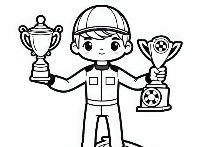 Pembalap di upacara pemenang dengan trofi - template mewarnai gratis