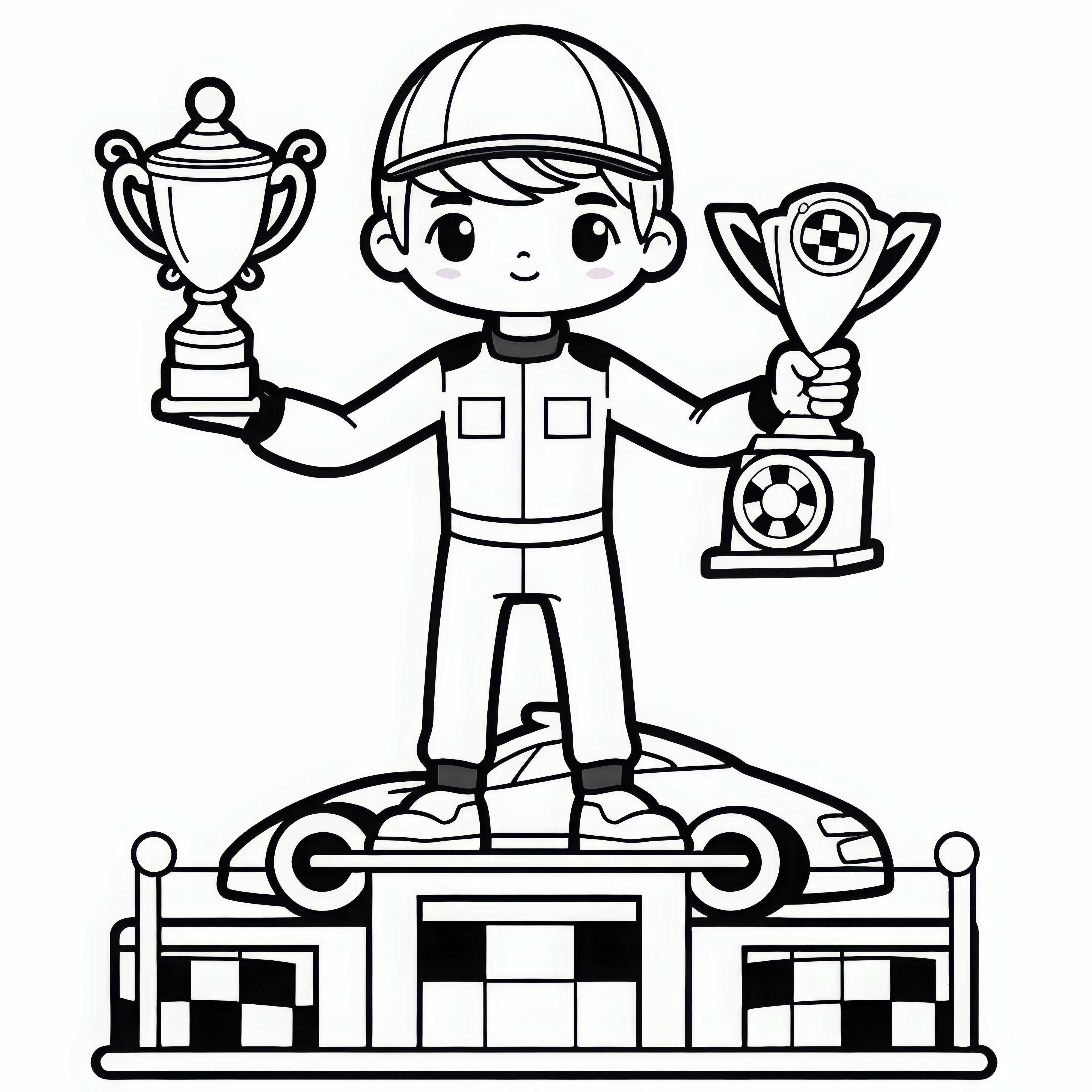 Rennfahrer bei der Siegesehrung mit Trophäen – Malvorlage kostenlos