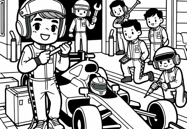 Pembalap di pit dengan mekanik - Gambar mewarnai gratis