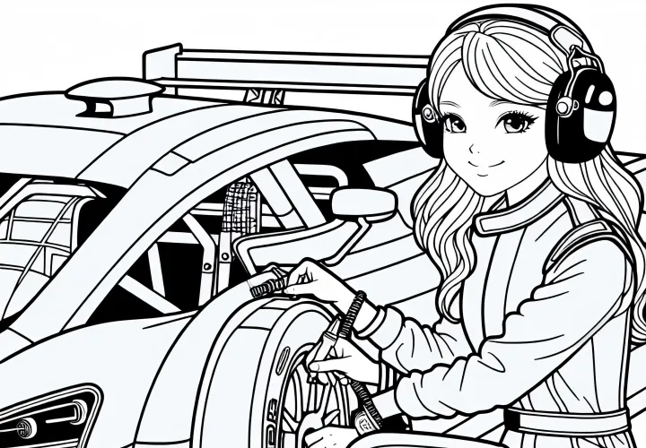 Pembalap wanita saat mempersiapkan mobil sebelum balapan - Gambar untuk diwarnai Gratis