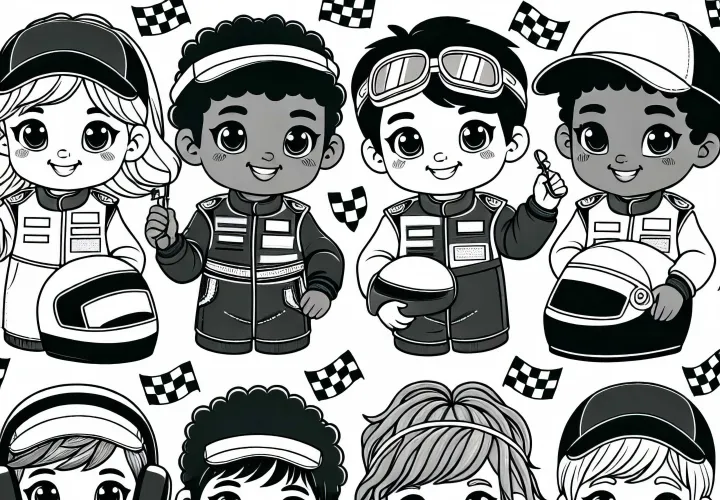 Anak-anak yang berdandan sebagai pembalap - Template mewarnai gratis