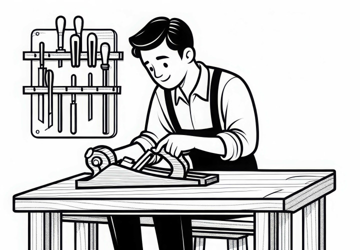 El carpintero utiliza un banco de trabajo para trabajos en madera - Dibujo para colorear gratis El carpintero usa un banco de madera para trabajar la madera - Imagen para colorear gratis