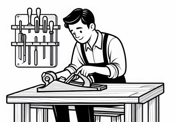 Tukang kayu menggunakan meja rapi untuk pekerjaan kayu – Gambar mewarnai gratis