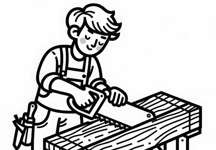 Tukang kayu memotong kayu dengan gergaji tangan - Gambar untuk diwarnai gratis