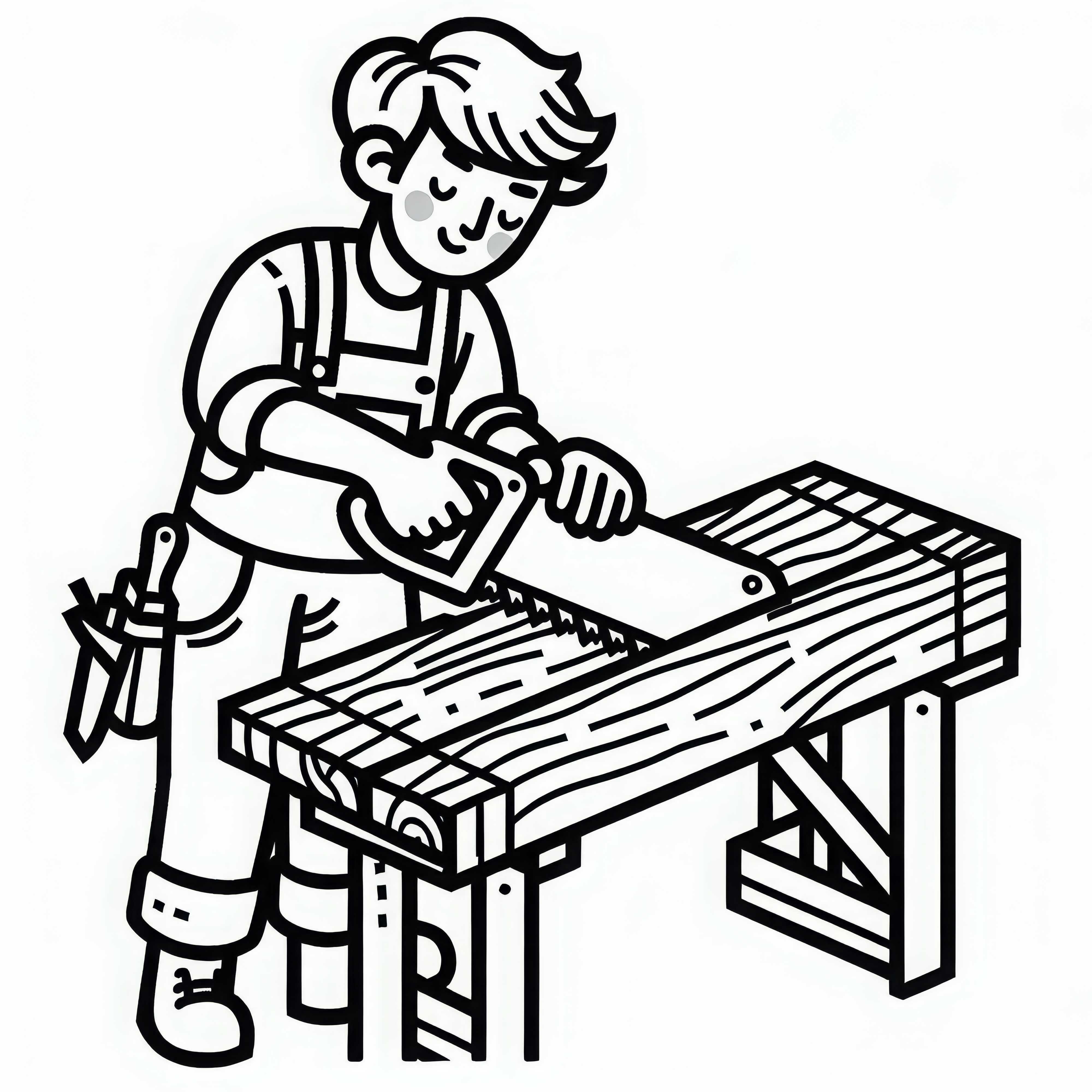 Schreiner sägt Holz mit Handsäge – Ausmalbild kostenlos