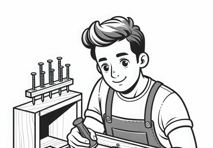 Tukang kayu memasang lemari dengan sekrup dan paku - Template menggambar Gratis