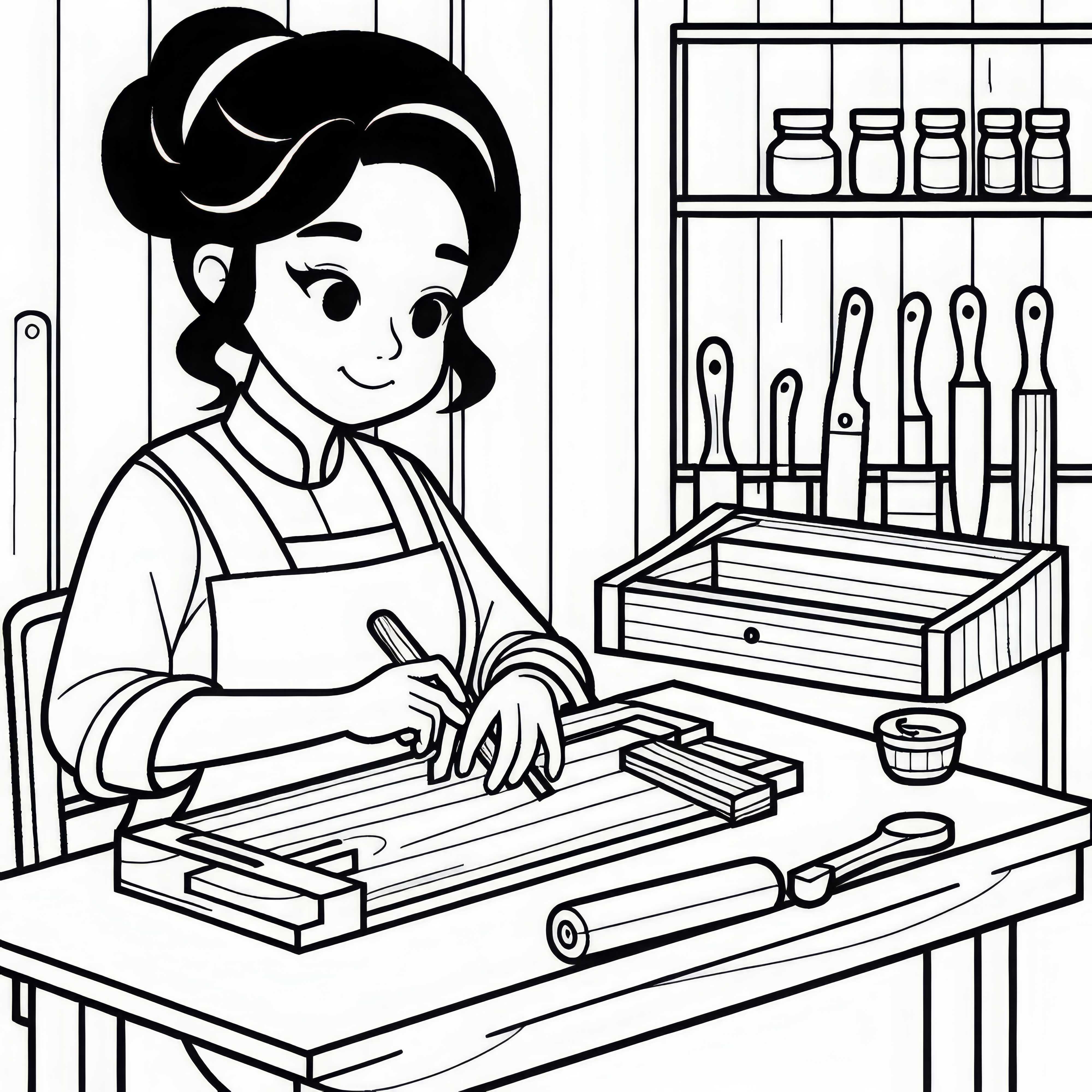 La carpintera fabrica muebles de madera en el taller - Dibujo para colorear gratuito