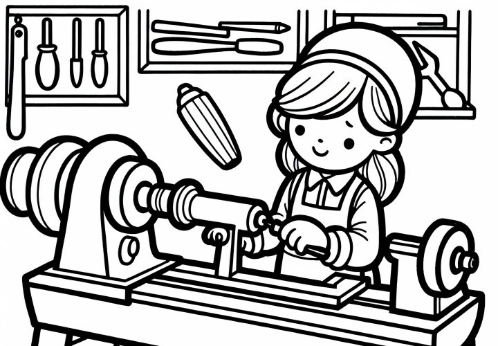 La carpintera trabaja en un torno – Imagen para colorear para descargar