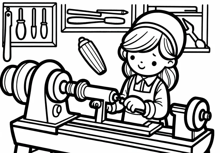 Tukang kayu wanita bekerja di mesin pahat - Gambar untuk diwarnai untuk diunduh