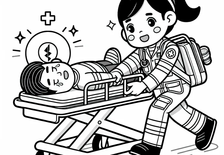 Un ambulancier transporte une personne blessée sur une civière - Dessin à colorier gratuit