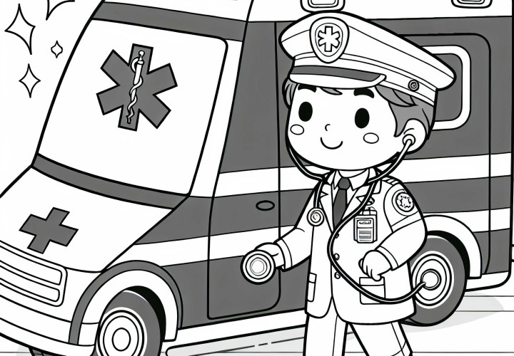 Imagen para colorear de un paramédico en una ambulancia gratis