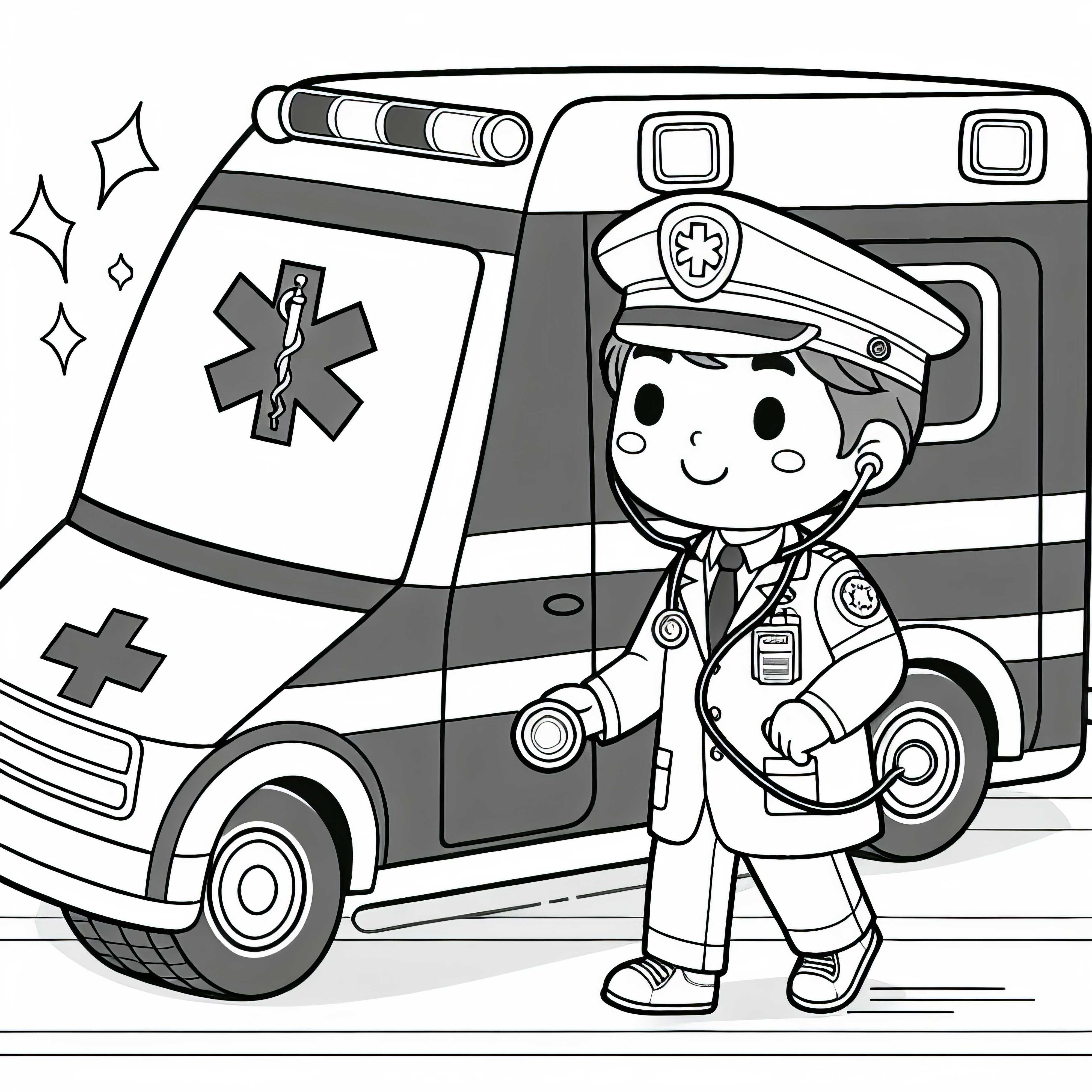 Ilustración para colorear de paramédicos en ambulancia gratis