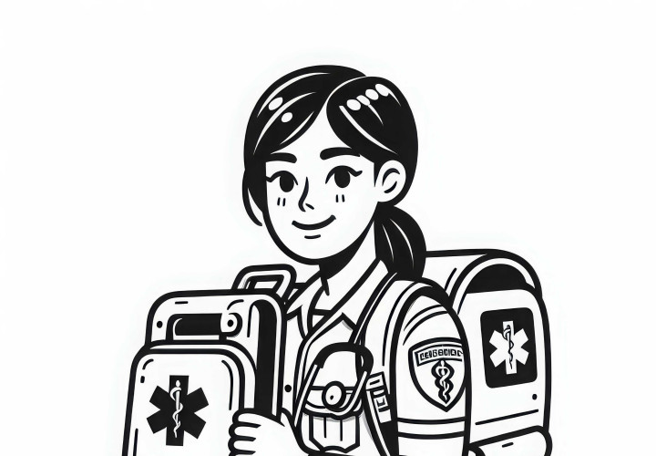 La paramédica lleva una mochila de emergencia al lugar de la intervención - Dibujo para colorear gratis