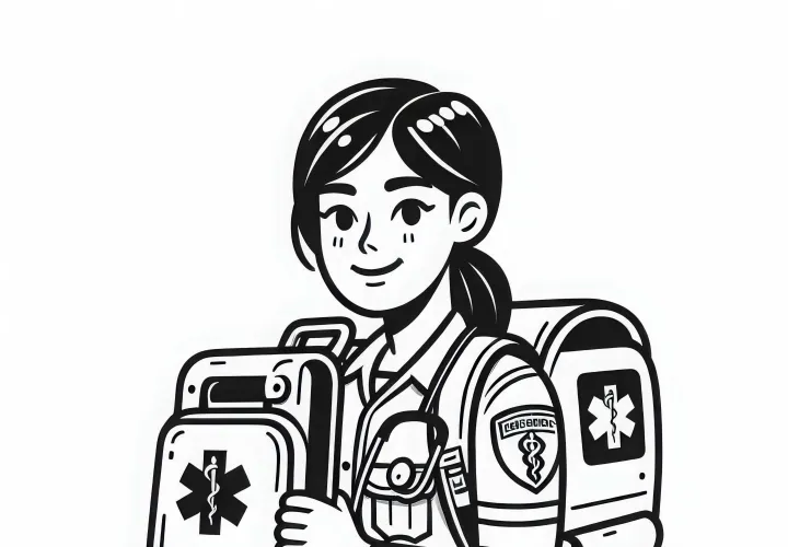 La paramédica lleva una mochila de emergencia al lugar de la intervención - Dibujo para colorear gratis