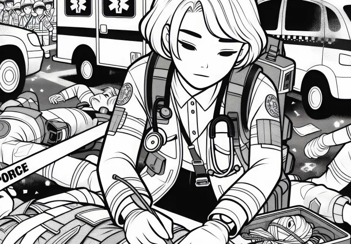 Paramédica en zona de accidente – Dibujo para colorear gratis