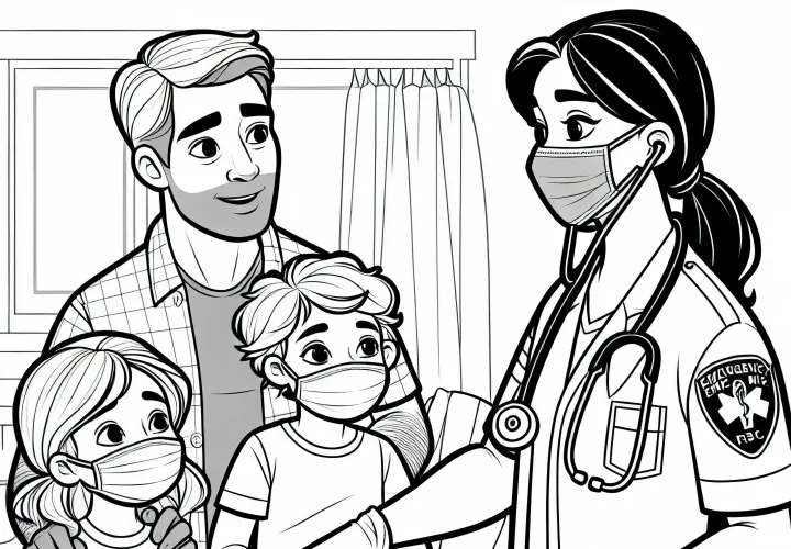 La paramédica habla con la familia - Plantilla para colorear gratis