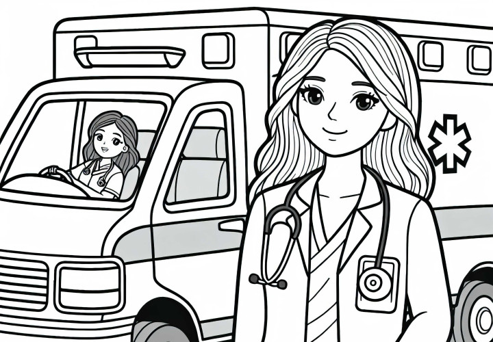 Ambulancia con socorrista – Dibujo para colorear gratis