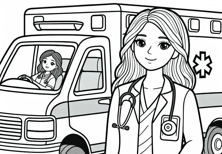 Ambulancia con socorrista – Dibujo para colorear gratis