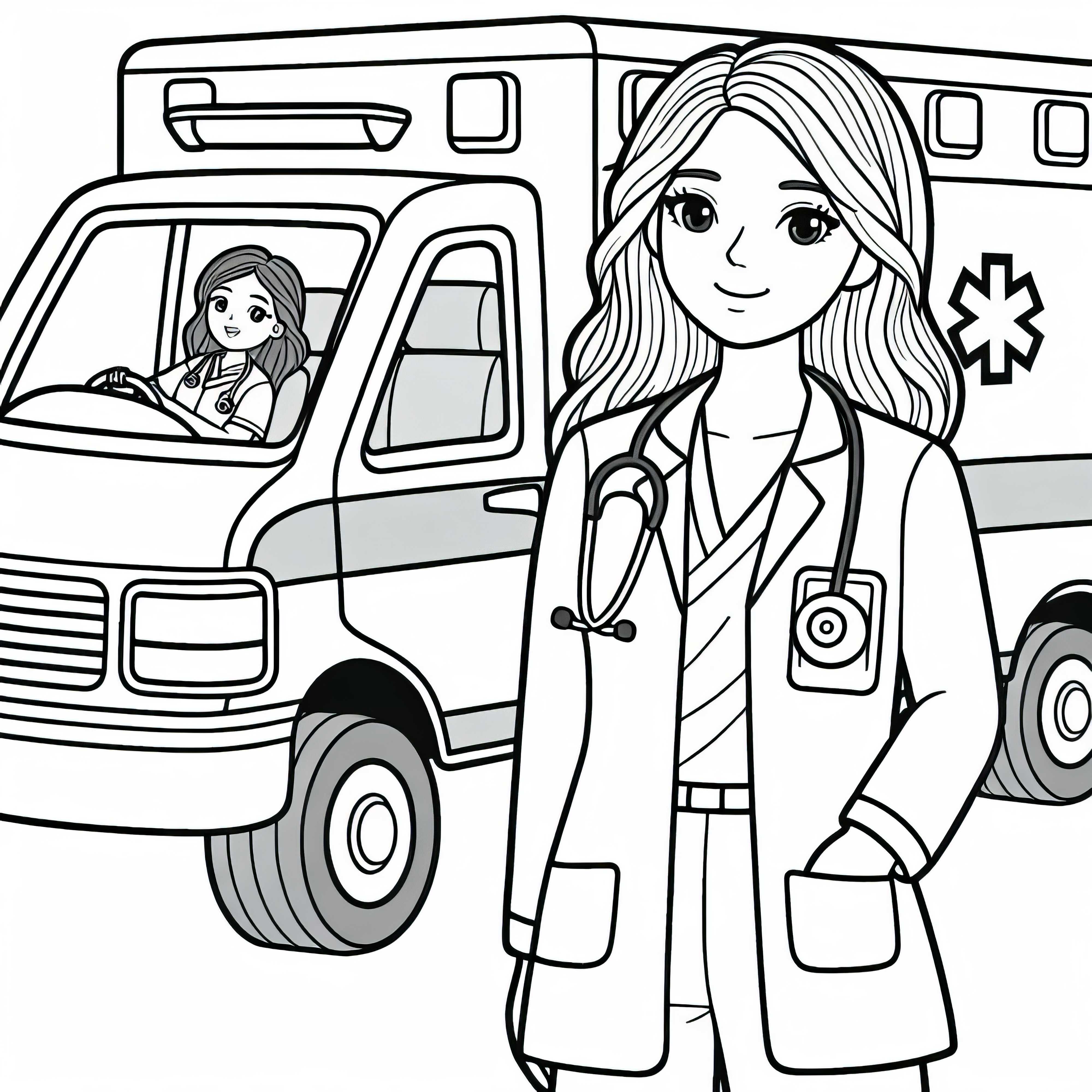 Ambulancia con paramédica - Dibujo para colorear gratuito