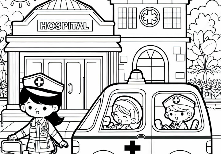 Hospital con paramédicos - Dibujo para colorear gratuito