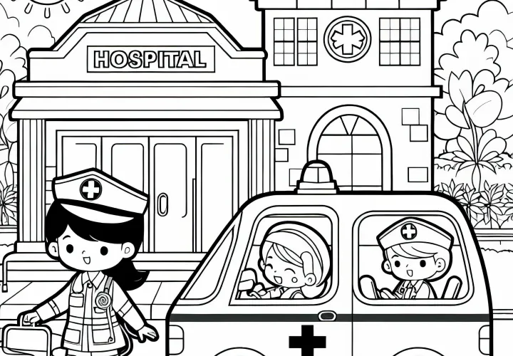 Hospital con paramédicos - Dibujo para colorear gratuito