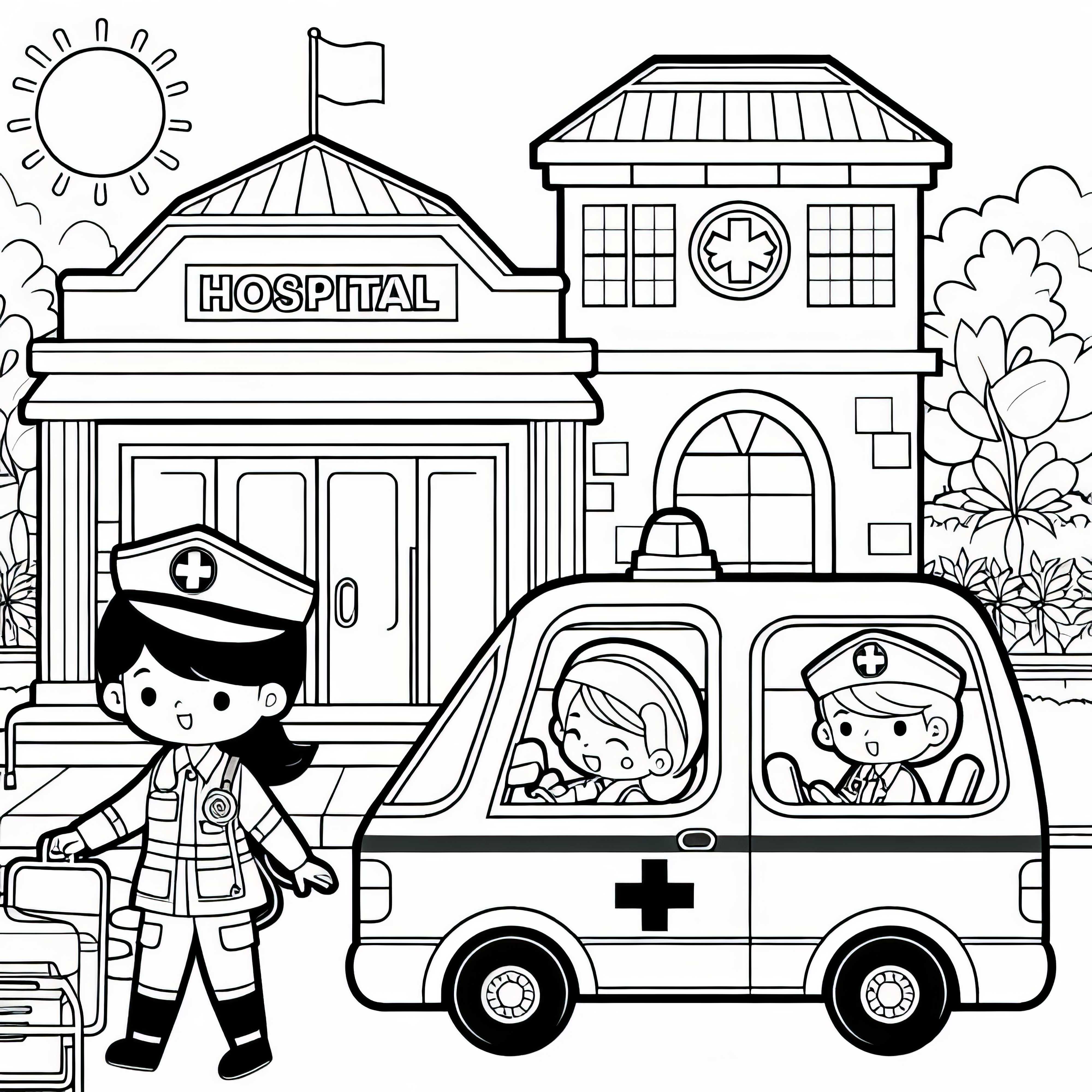 Hospital con ambulancieros - Dibujo para colorear gratis