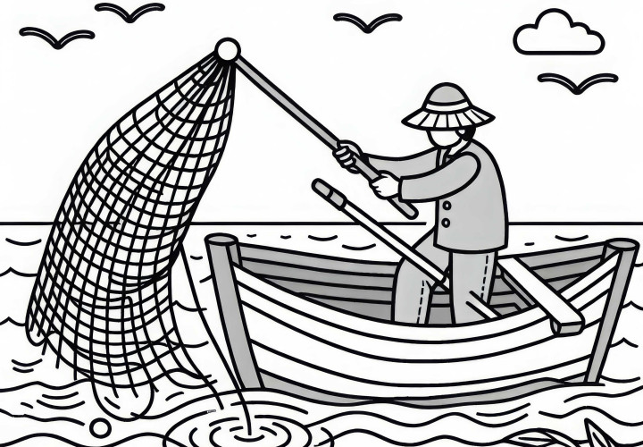 Pêcheur jette le filet à l'eau depuis un bateau - Dessin à colorier gratuit