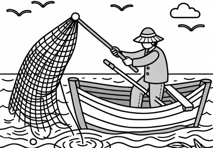 Fisker kaster net i vandet fra en båd - Malebillede gratis