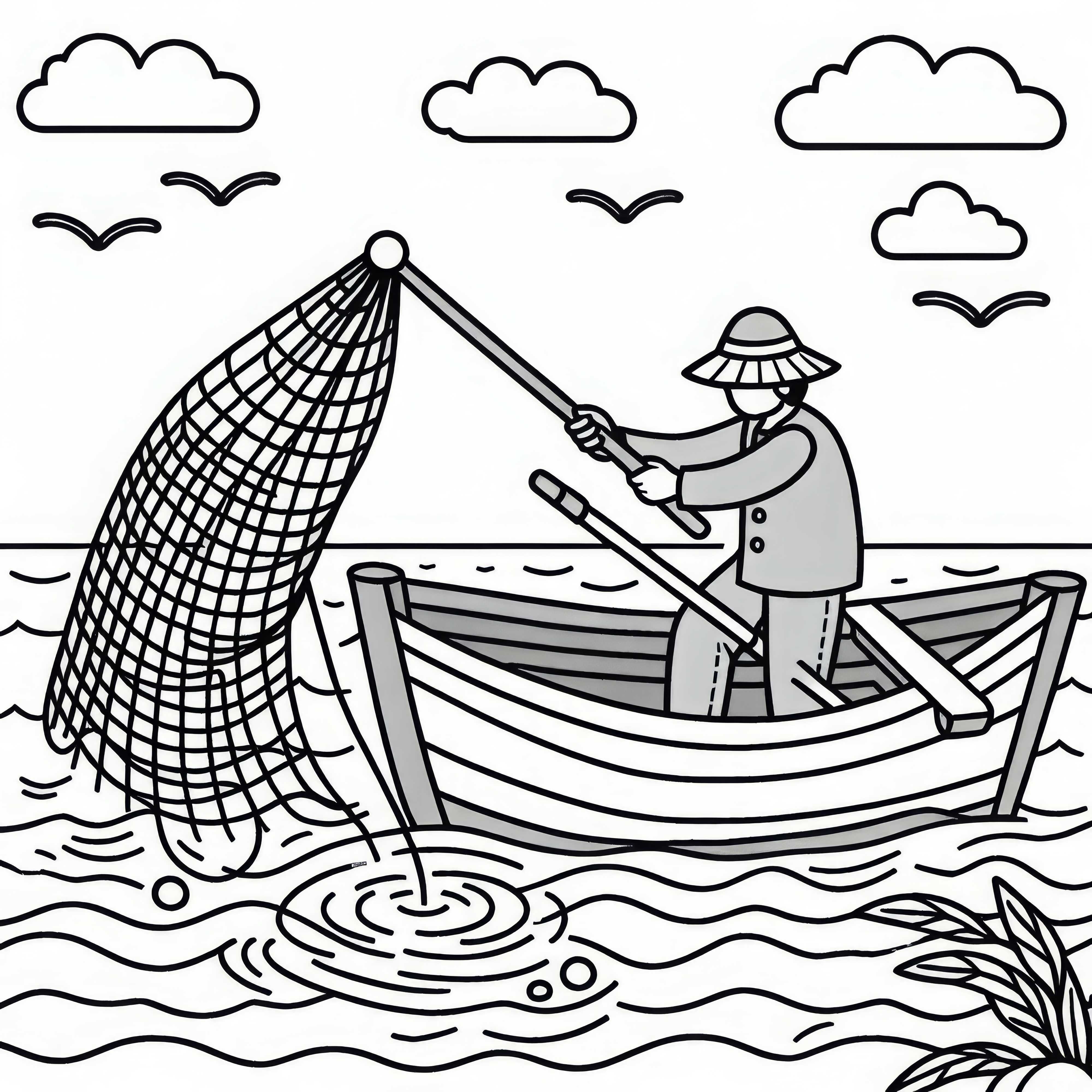 Le pêcheur jette un filet dans l'eau depuis un bateau - Dessin à colorier gratuit