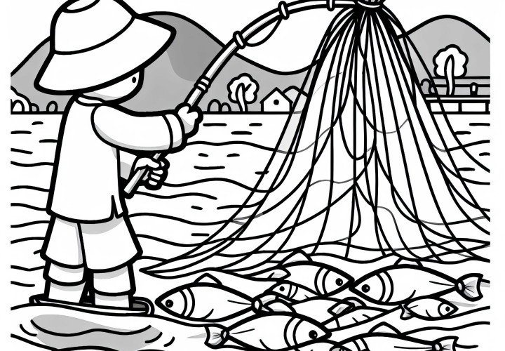 Fischer tire le filet – Modèle de coloriage gratuit