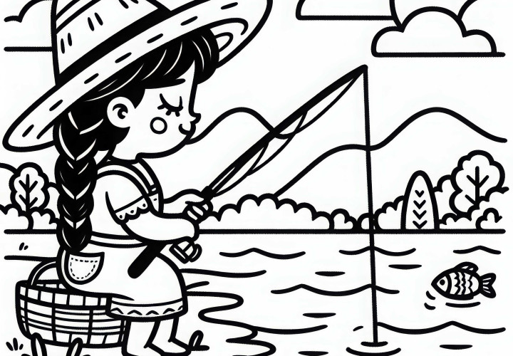 Une pêcheuse pêche au lac avec une canne à pêche - Dessin à colorier gratuit