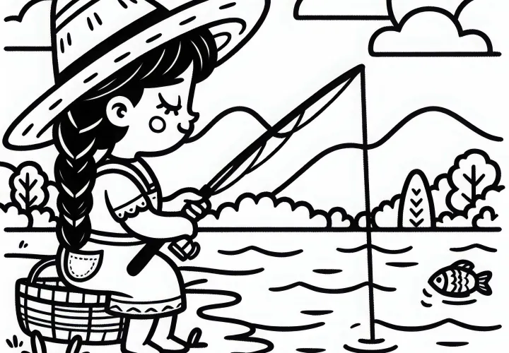 Fiskerinde fisker ved søen med fiskestang – Gratis malingstegning