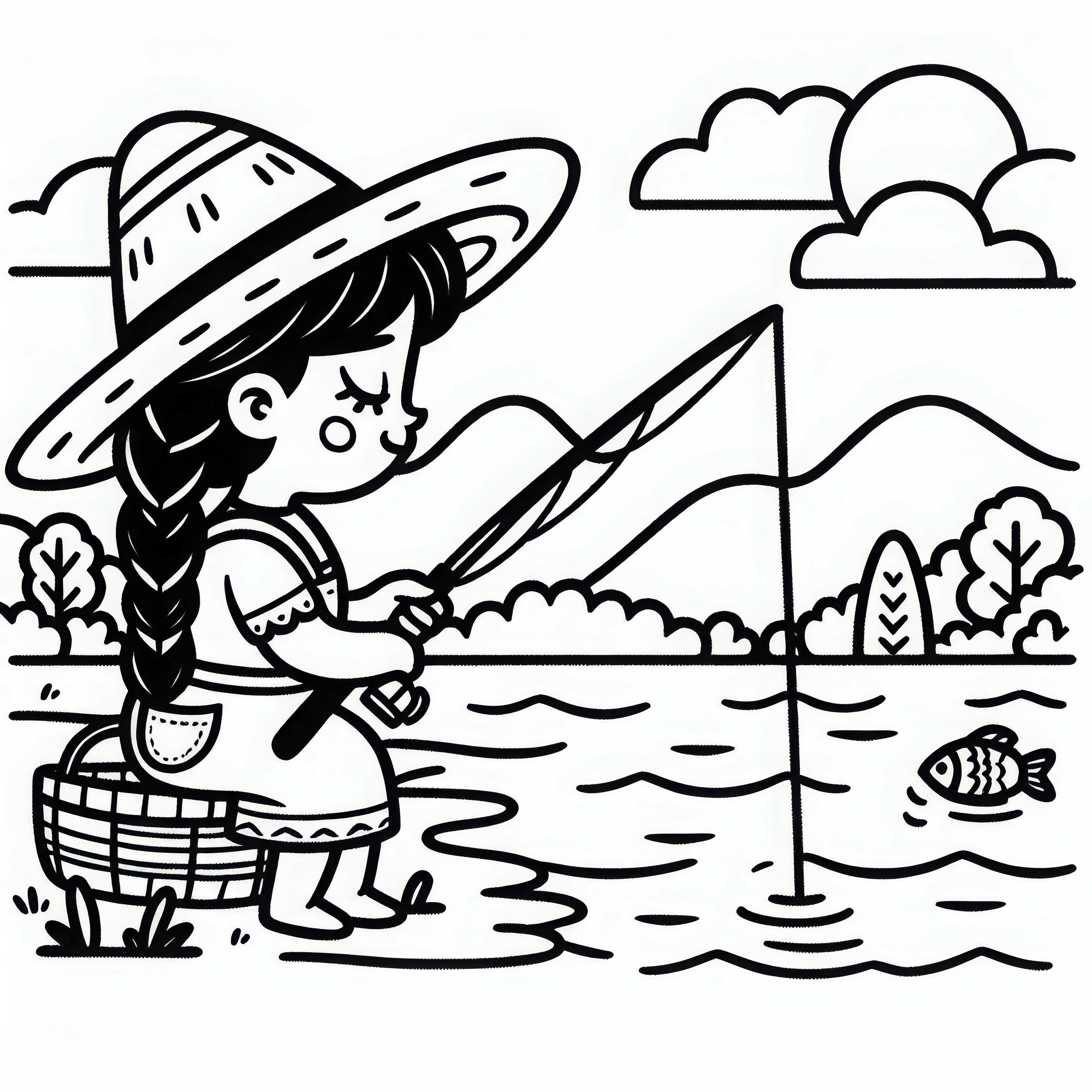 Féminine pêcheuse pêche au lac avec une canne à pêche - Dessin à colorier gratuit