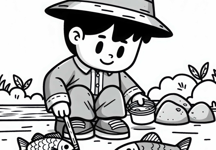Le pêcheur inspecte les poissons - Image à colorier gratuite