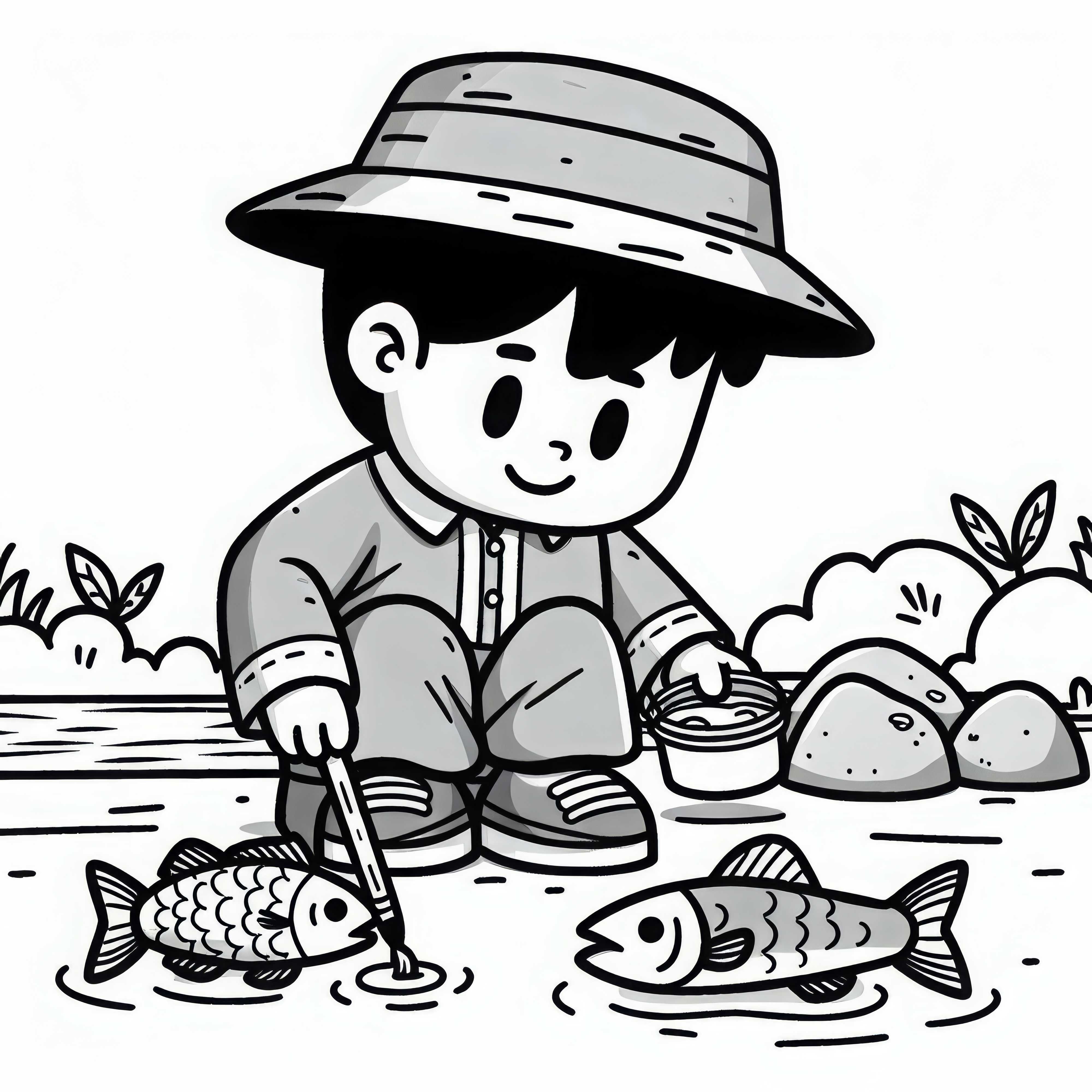 Le pêcheur inspecte les poissons – Image à colorier gratuite
