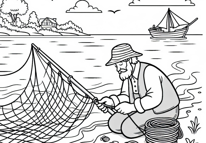 Le pêcheur répare son filet au bord de l'eau – Dessin à colorier gratuit