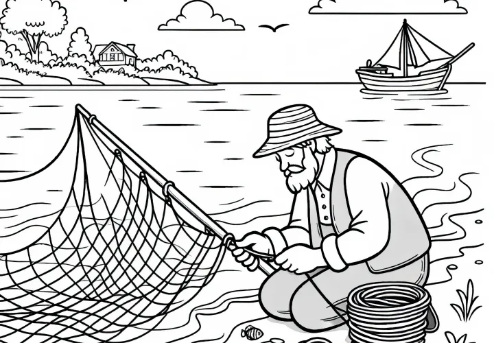 Fisker reparerer net ved bredden – Malebillede gratis
