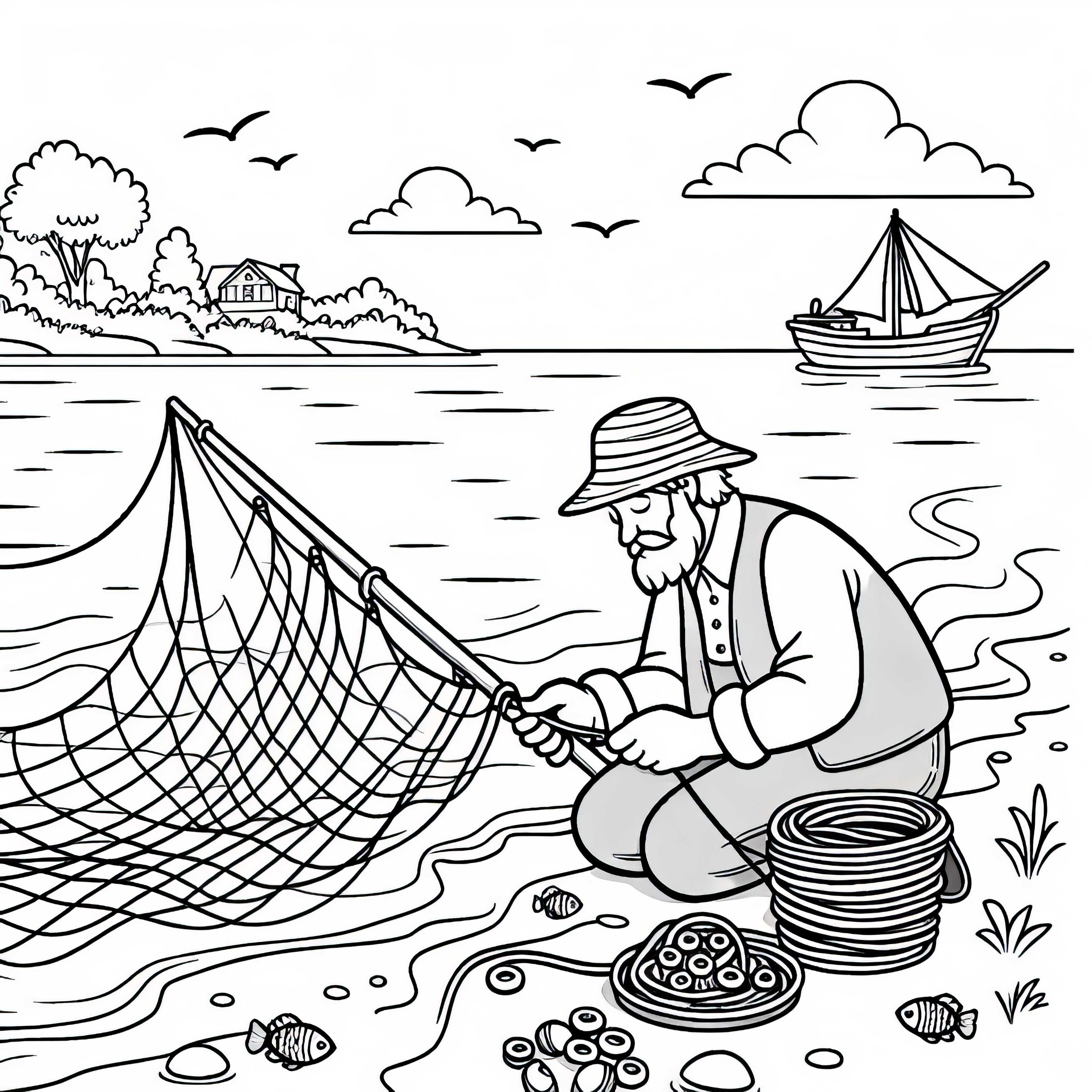Le pêcheur répare le filet sur la rive – Dessin à colorier gratuit