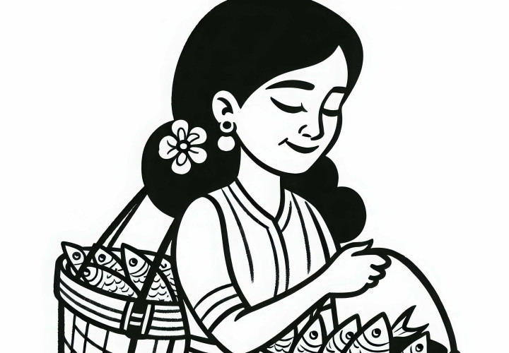 Femme pêcheuse portant un seau plein de poissons au marché - Dessin à colorier gratuit