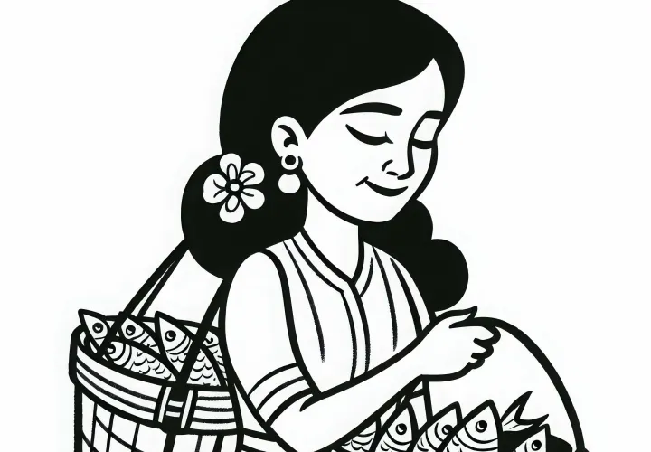 Fiskerinde bærer spand fyldt med fisk på markedet – Malebillede gratis