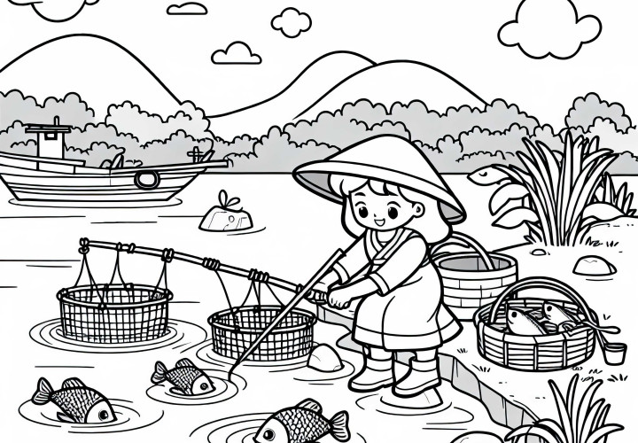 Dame pêcheuse installe des nasses au bord de la rivière - Dessin à colorier gratuit