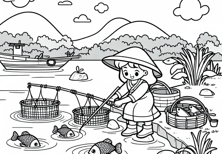 Fiskerinde opsætter rebnet i floden – Malebillede gratis