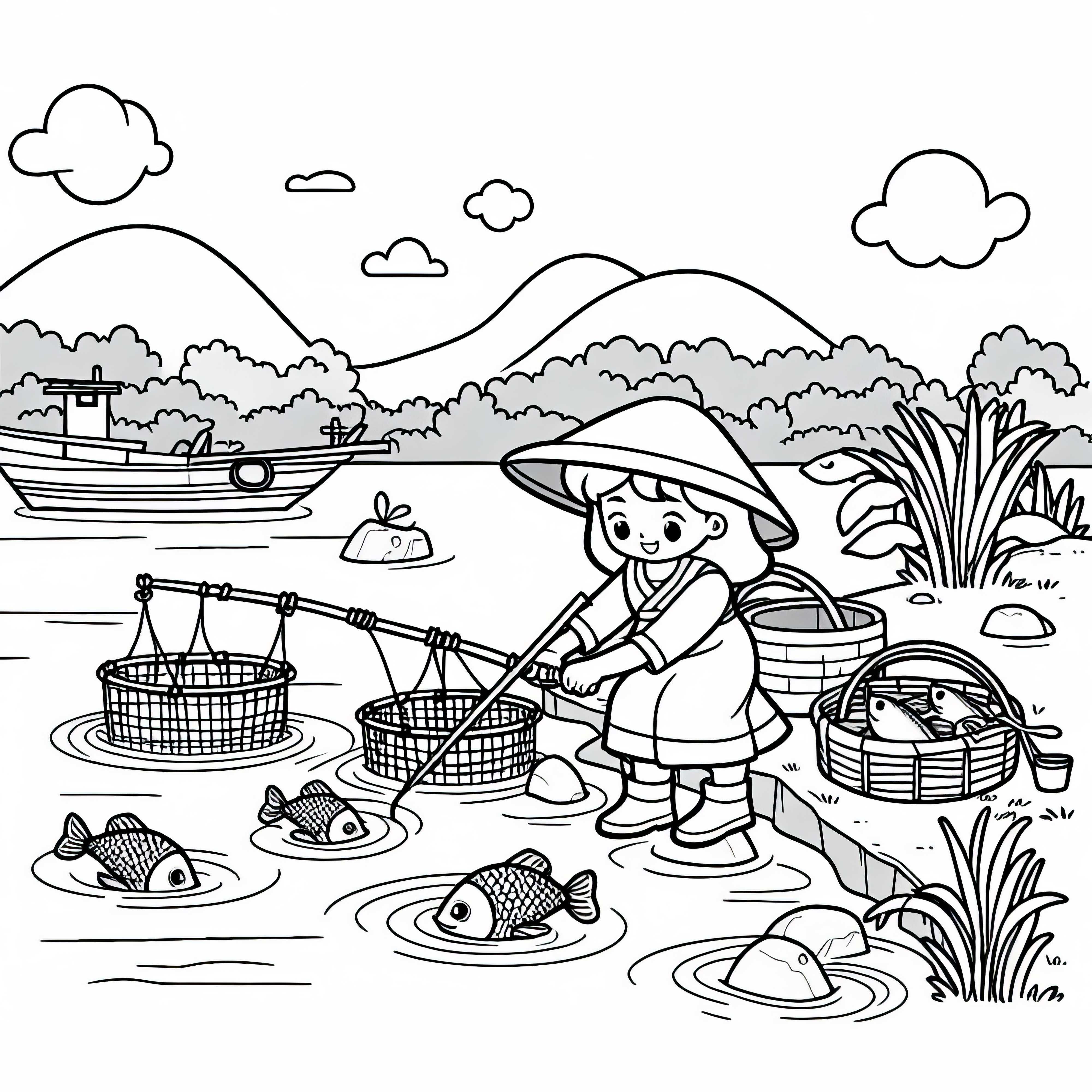 Femme pêcheuse met des filets dans la rivière - Dessin à colorier gratuit