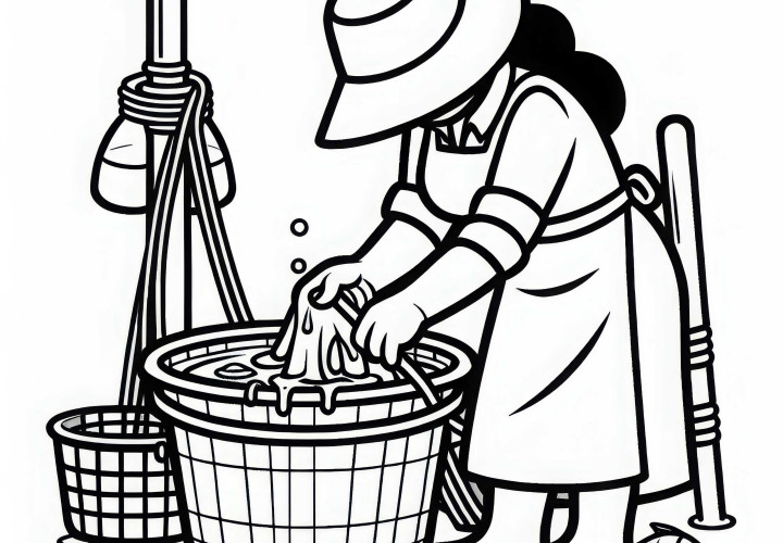 Femme pêcheuse nettoie son équipement après la prise - Dessin à colorier gratuit