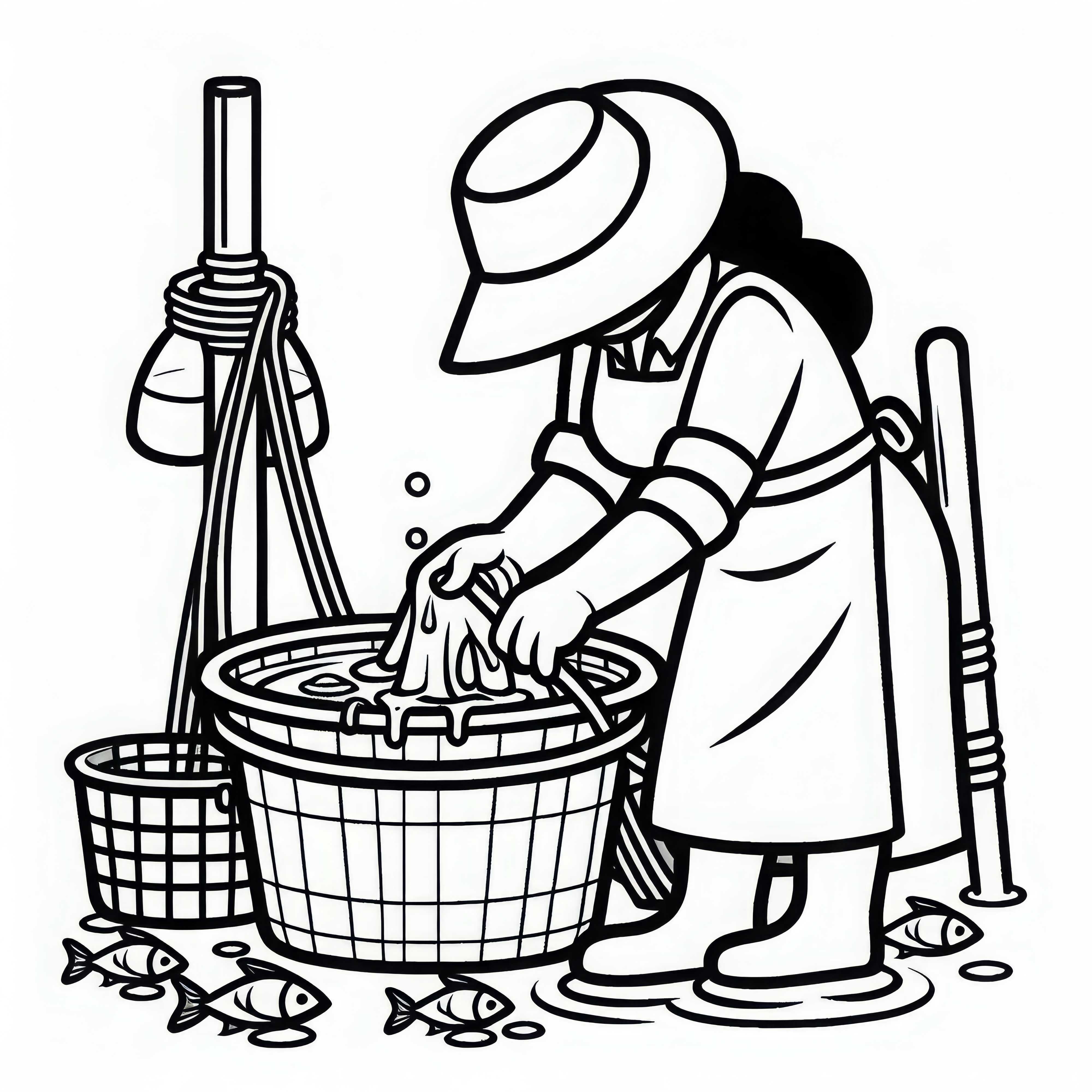Pêcheuse nettoie son équipement après la prise - Image à colorier gratuite
