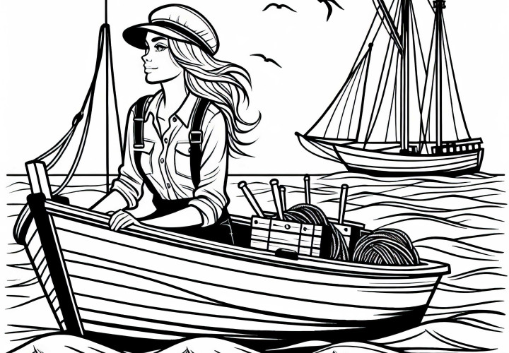 Femme pêcheuse navigue en bateau sur le lac - Image à colorier gratuite